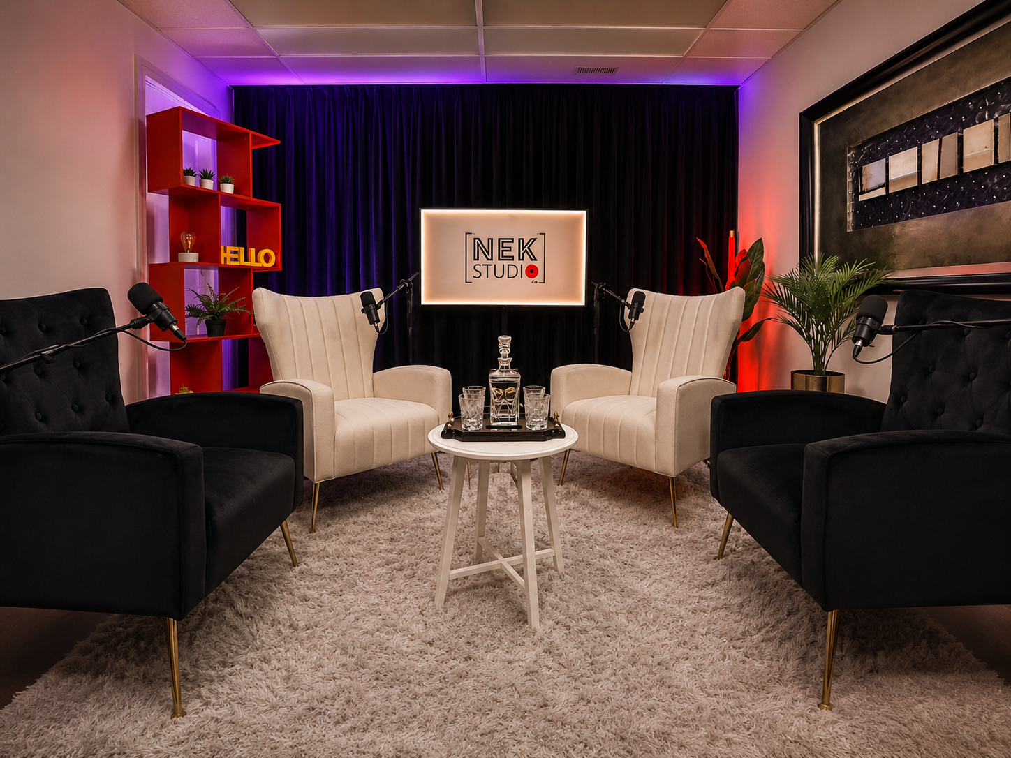 Signature Room de NEK STUDIO – Studio de podcast et de production vidéo pouvant accueillir jusqu'à 4 participants.